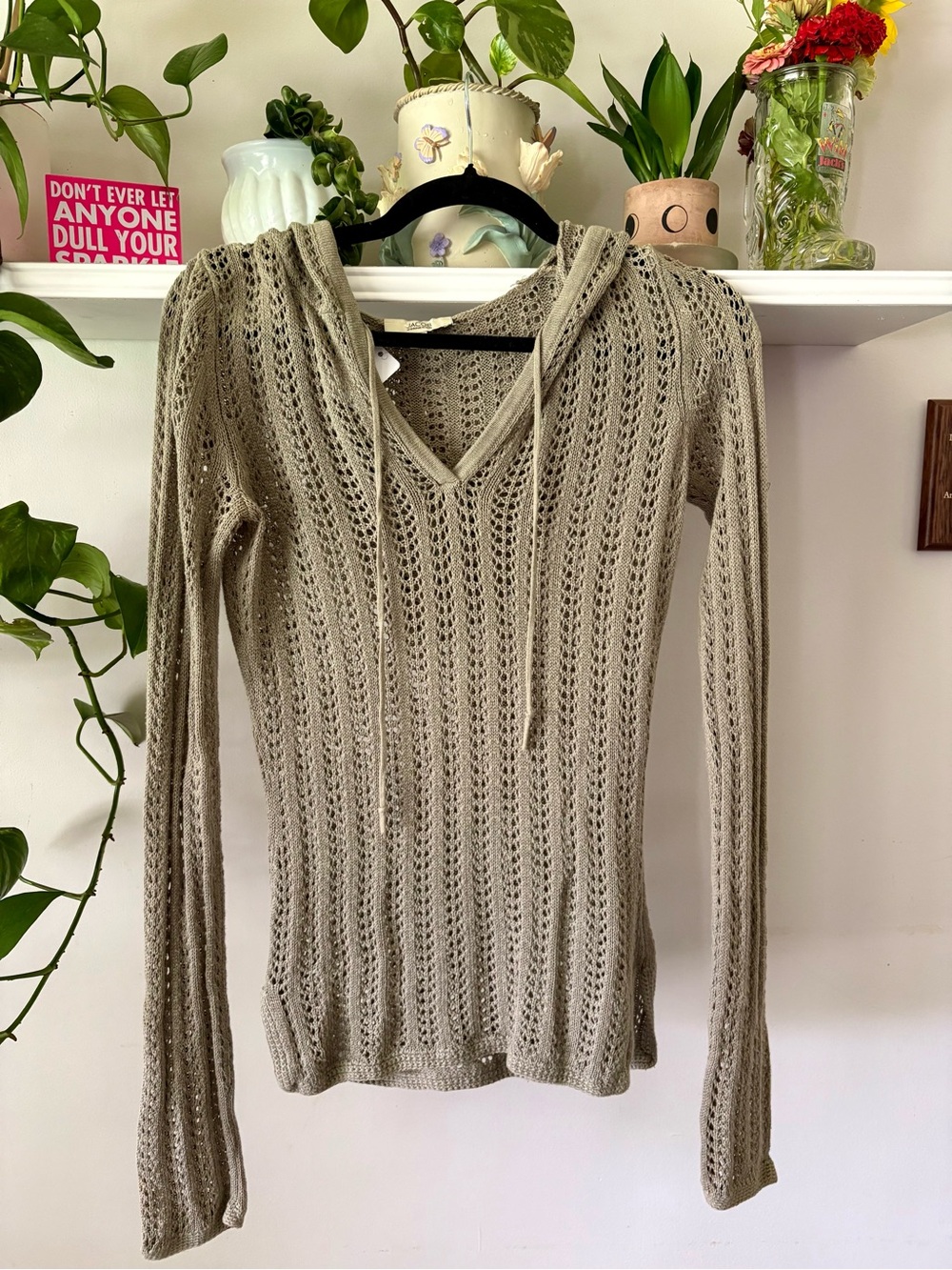 Light Taupe Knit Hooded Sweater - Women's V-Neck